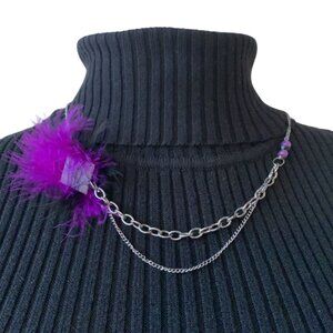 2x25$ 🐿 🍁 CREATION Asymmetric short necklace Tile & feather beads Purple Black